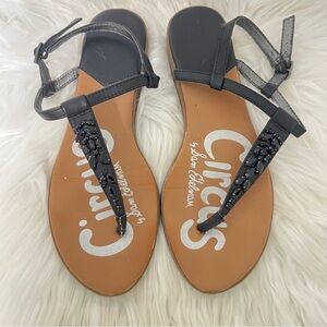 Sam Edelmon Circus Cleo Beaded Black Thong Strappy Sandals Size 8.5